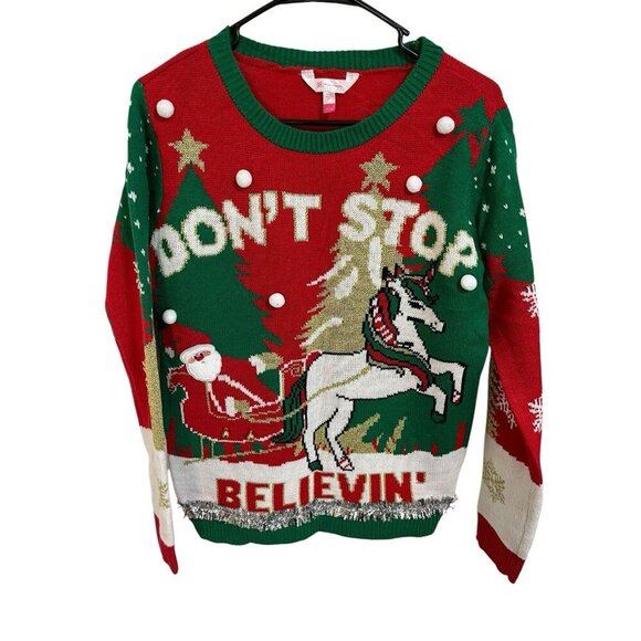 No Boundaries Women's Large 'Ugly' Christmas Sweater Don't Stop Believin' Santa - Picture 1 of 6